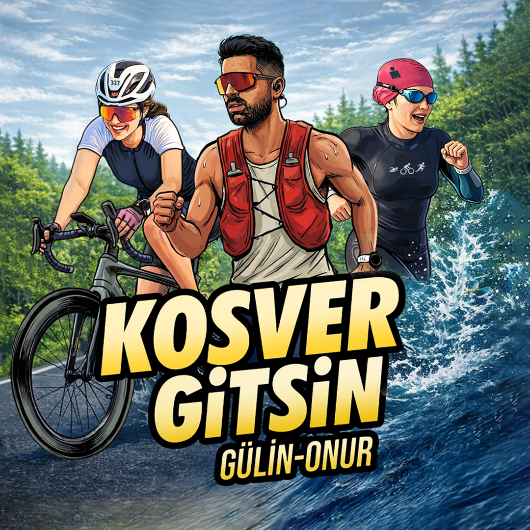 Koşver Gitsin — yüzme, bisiklet ve koşuyu temsil eden üç sporcu